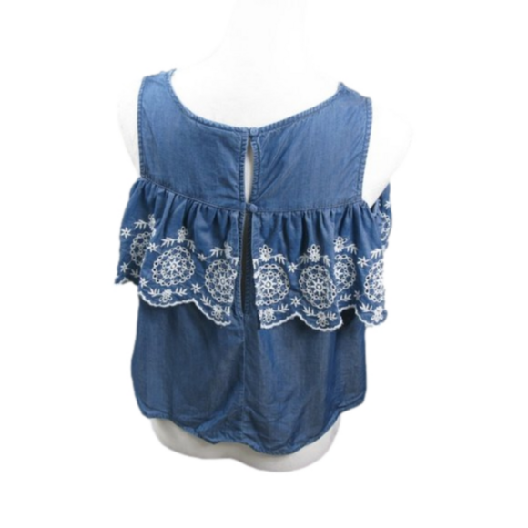 SO Short Sleeve Cold Shoulder Chambray Embroidered Blouse Size XS - Picture 4 of 6